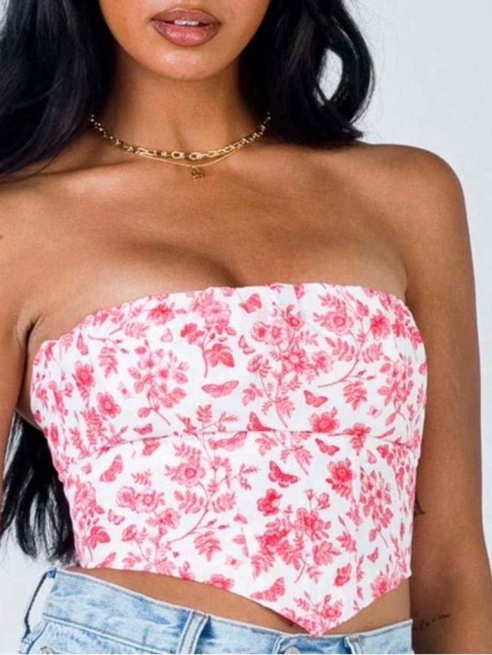 Princess Polly White Strapless Floral Scarf-Hem Crop Top in Pink